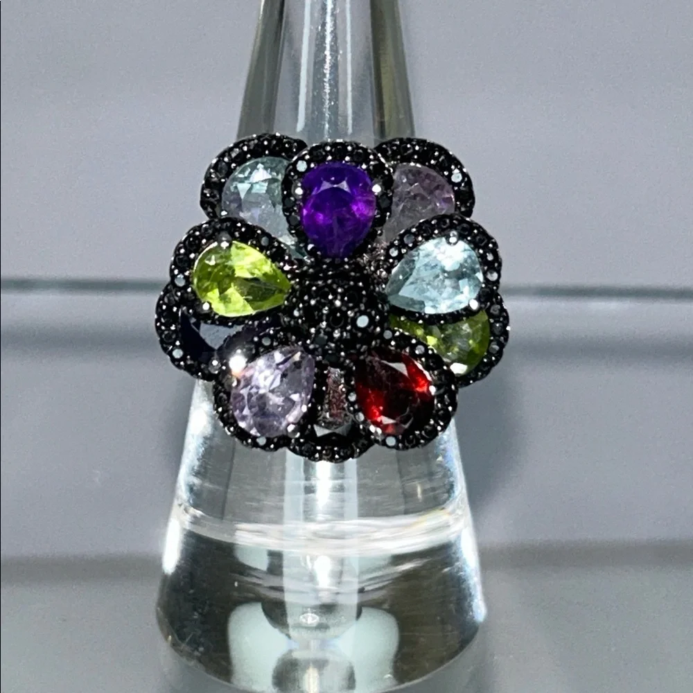NWOT Multi Genuine Gemstone Sterling Silver Designer Floral Themed Ring Bohemian